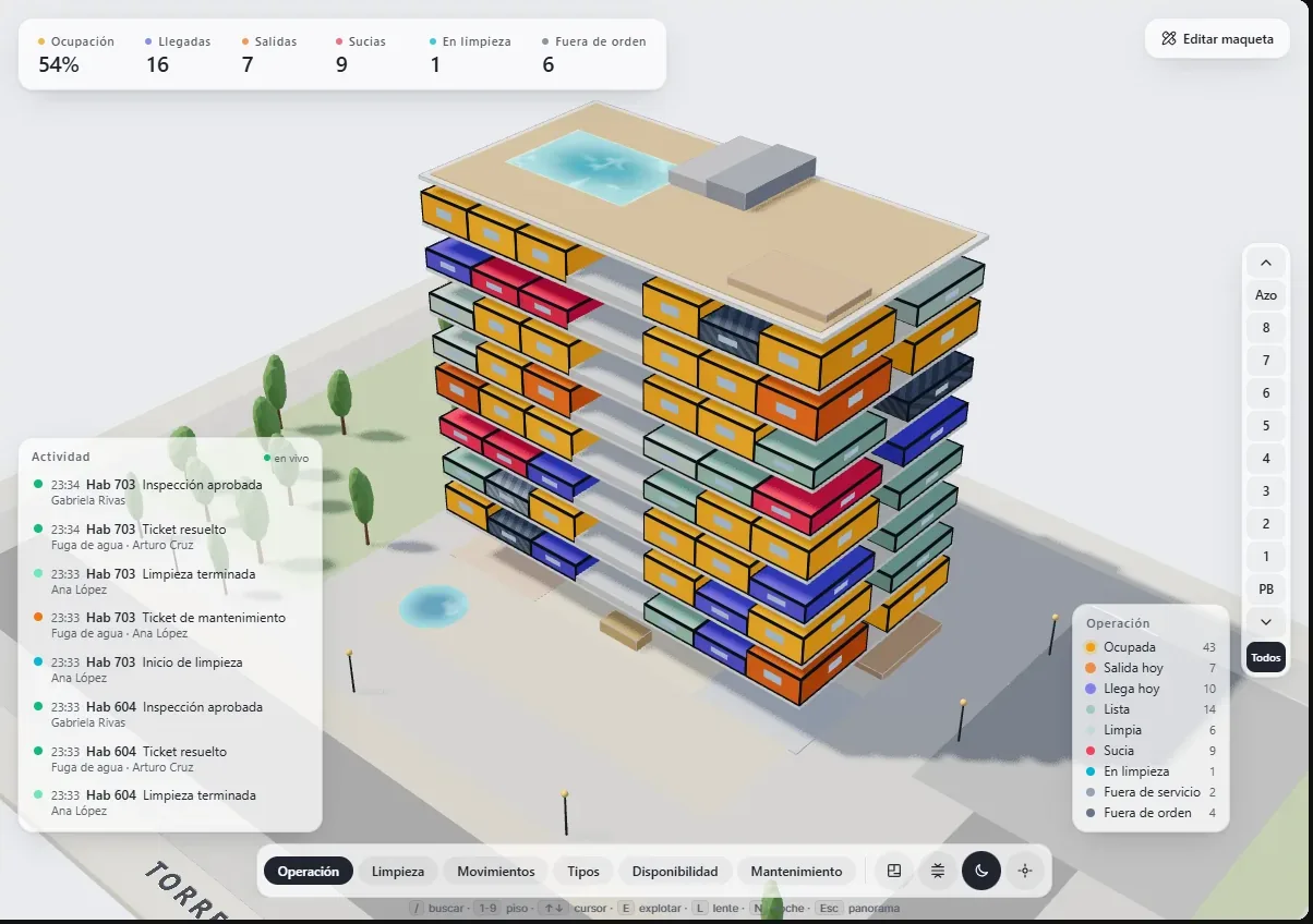 Maqueta viva de una torre de ocho pisos con las habitaciones coloreadas por estado